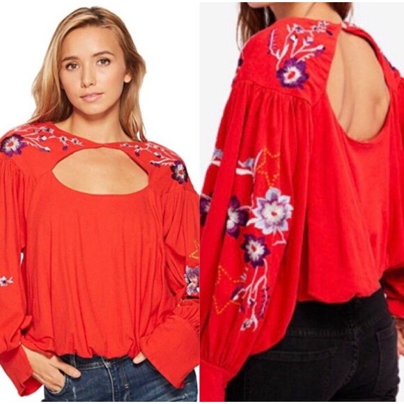 Free People Lita Top Women S Red Embroidered Floral Cutout Shirt Boho Festival - Picture 1 of 16